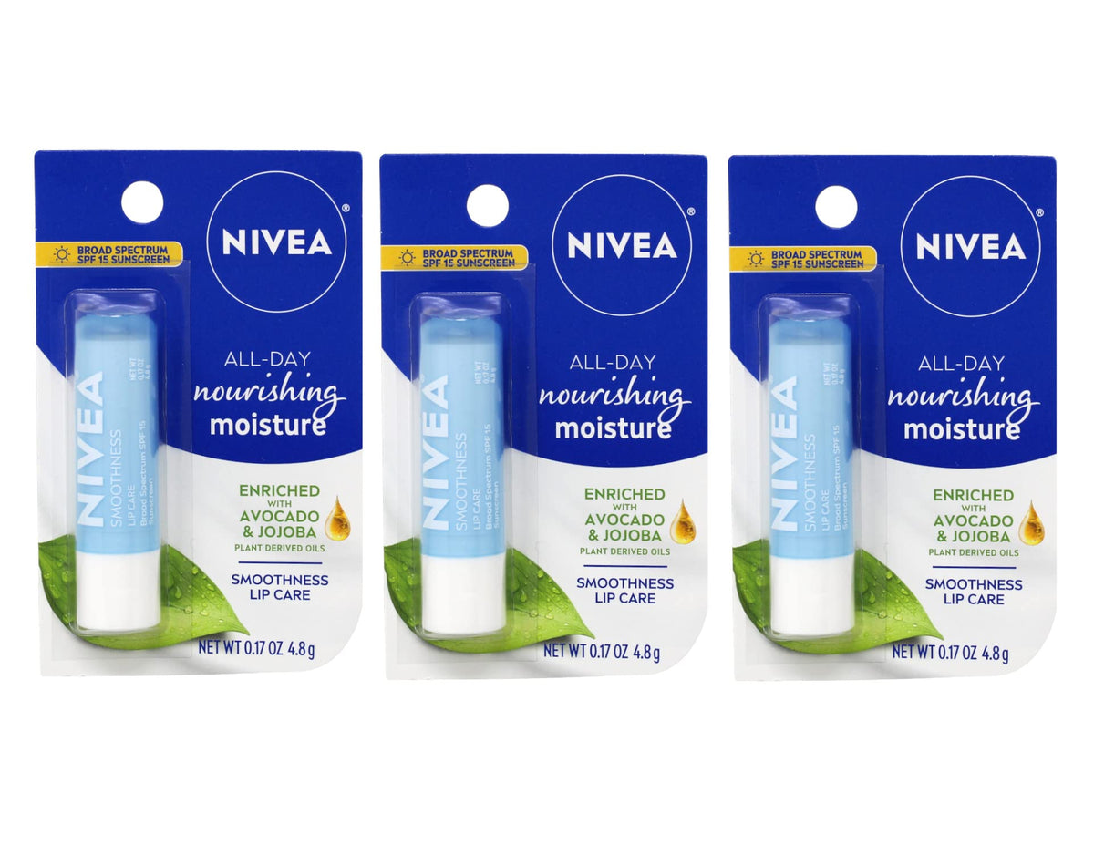 NIVEA Smoothness Lip Care SPF15 pack-of-3 tubes offering all-day moisture and sun protection.