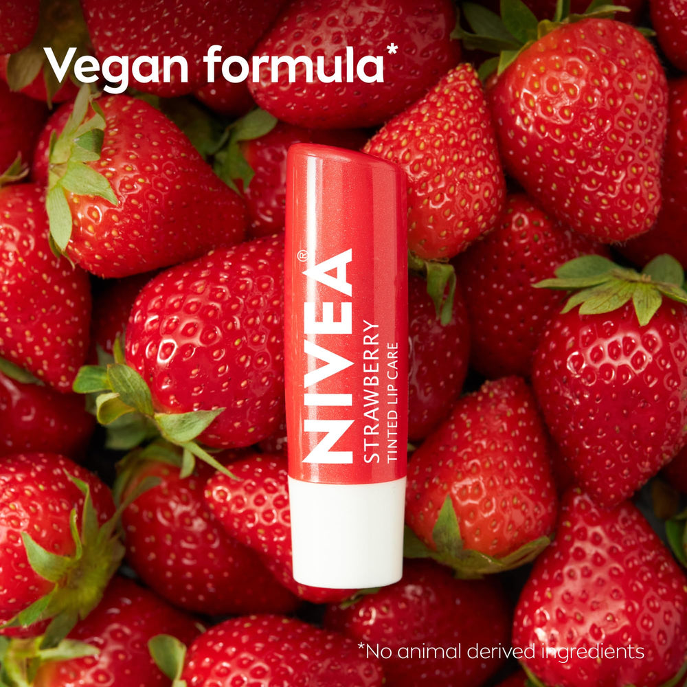 NIVEA Strawberry Lip Care applied on lips for soft color and moisture
