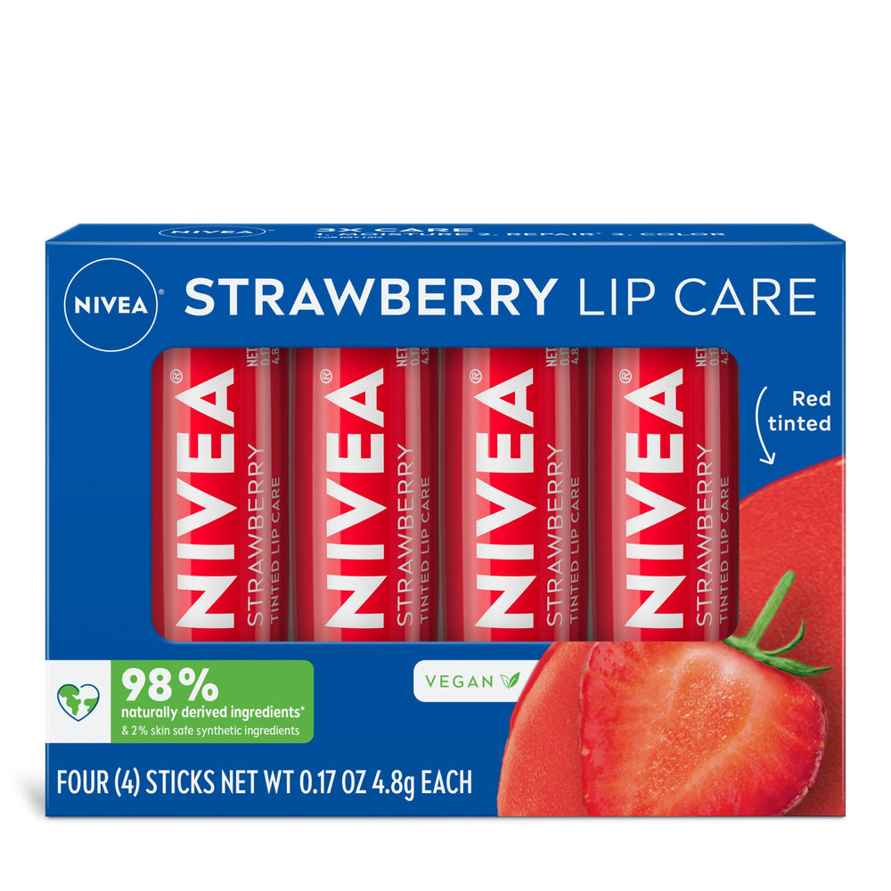 NIVEA Strawberry Lip Care pack front view with four hydrating balms for everyday moisture