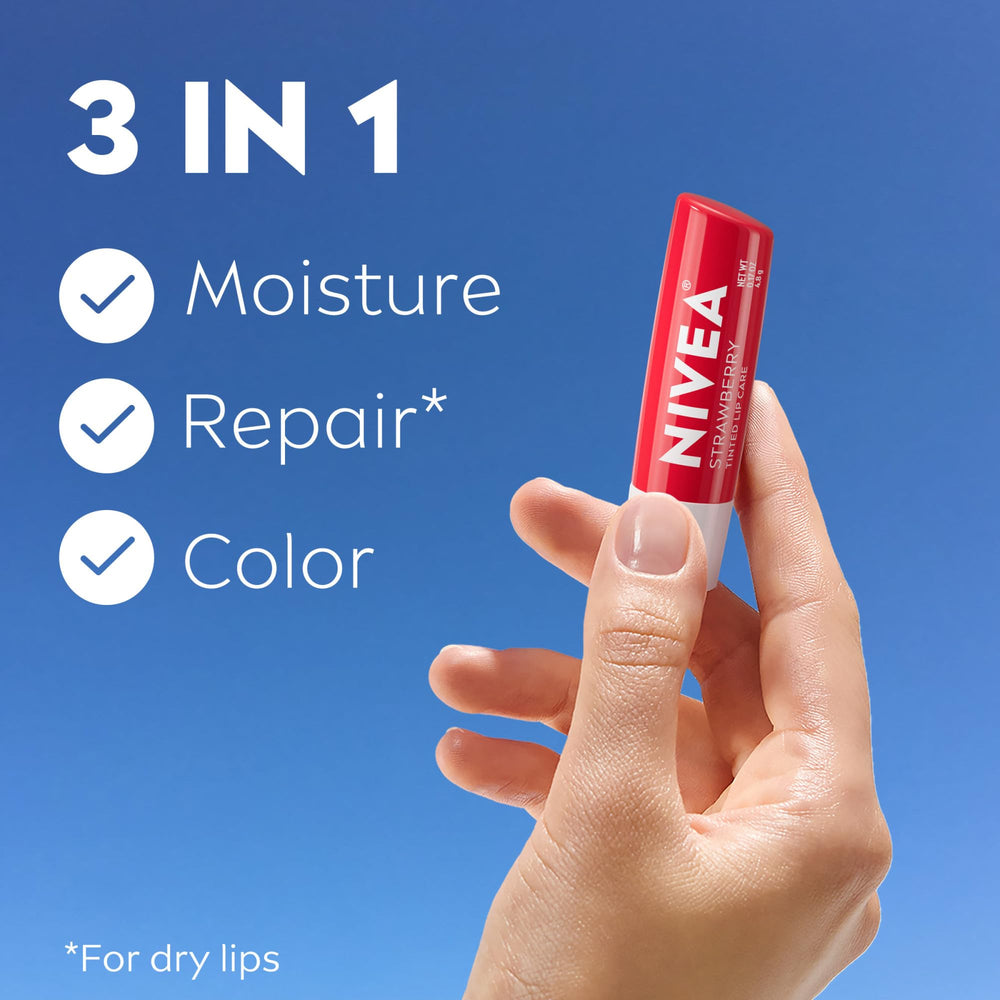 NIVEA Strawberry Lip Care four-pack sticks arranged for quick moisture and tint