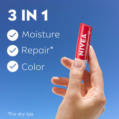 NIVEA Strawberry Lip Care four-pack sticks arranged for quick moisture and tint