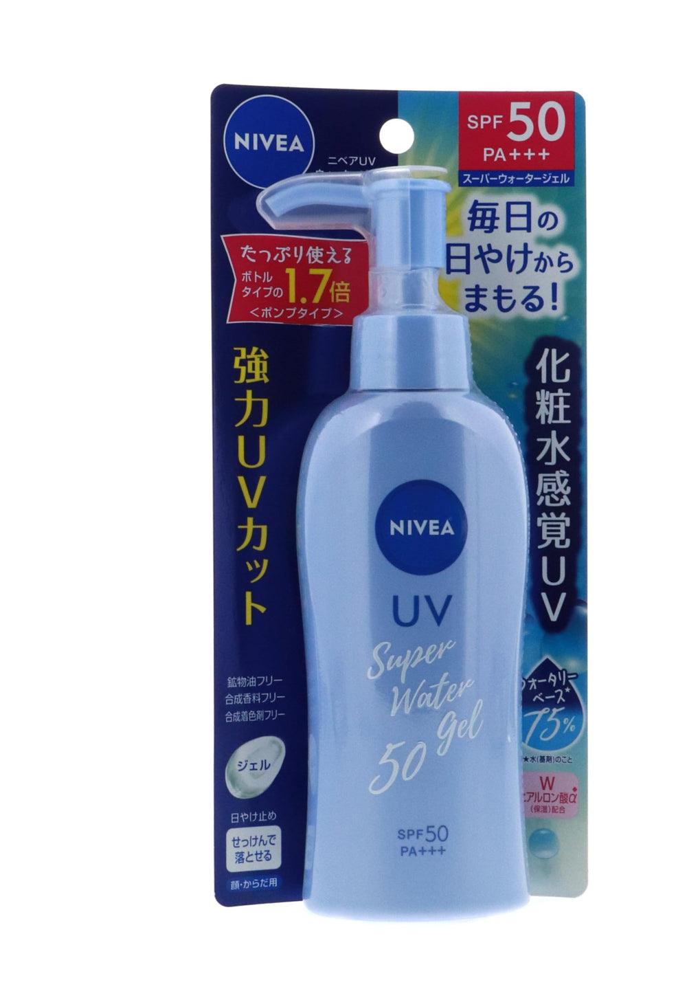 Nivea Sun Protect Water Gel SPF50 pump bottle shown in bright packaging for daily protection.
