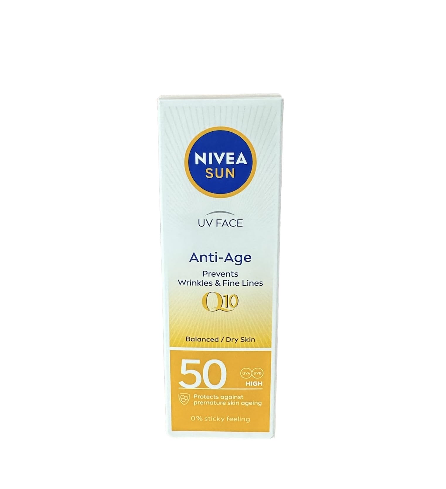 NIVEA Sun UV Face Q10 SPF50 50ml tube, daily sun protection with anti-pigment support.