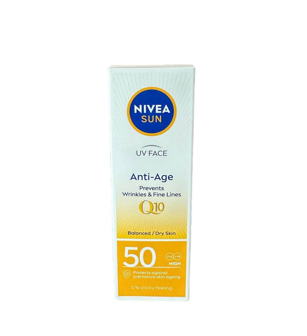 NIVEA Sun UV Face Q10 SPF50 50ml tube, daily sun protection with anti-pigment support.