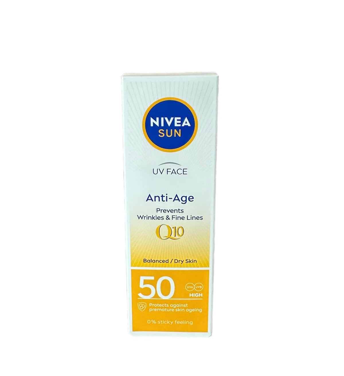 NIVEA Sun UV Face Q10 SPF50 50ml tube, daily sun protection with anti-pigment support.