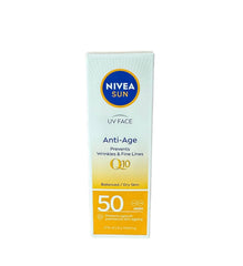 NIVEA Sun UV Face Q10 SPF50 50ml tube, daily sun protection with anti-pigment support.