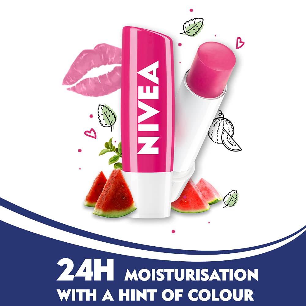 NIVEA Watermelon Lip Balm gliding on lips for a lightweight moisture.