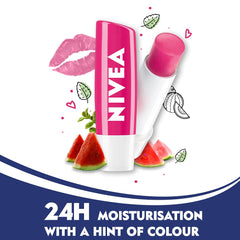 NIVEA Watermelon Lip Balm gliding on lips for a lightweight moisture.