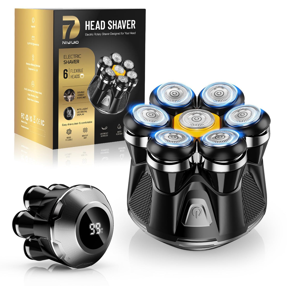 NIWUIO head shaver with 7D floating heads for a close scalp and facial shave.
