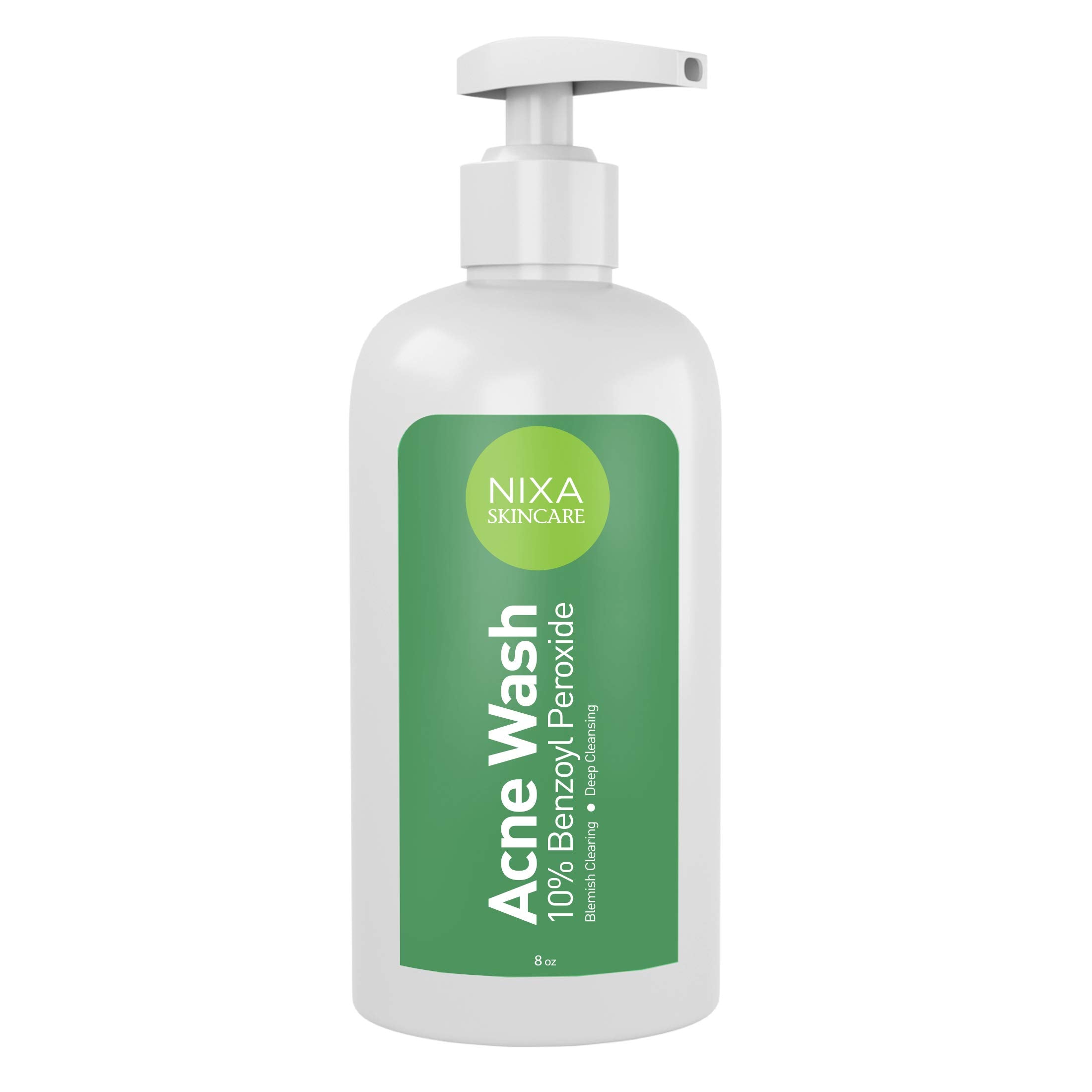NIXA Skincare 10% benzoyl peroxide wash bottle for acne-prone skin, pore cleansing action