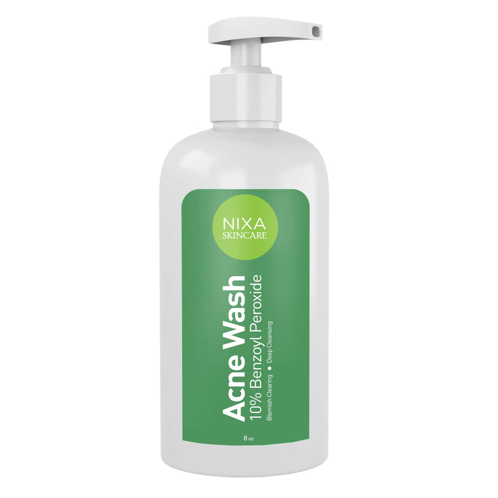 NIXA Skincare 10% benzoyl peroxide wash bottle for acne-prone skin, pore cleansing action
