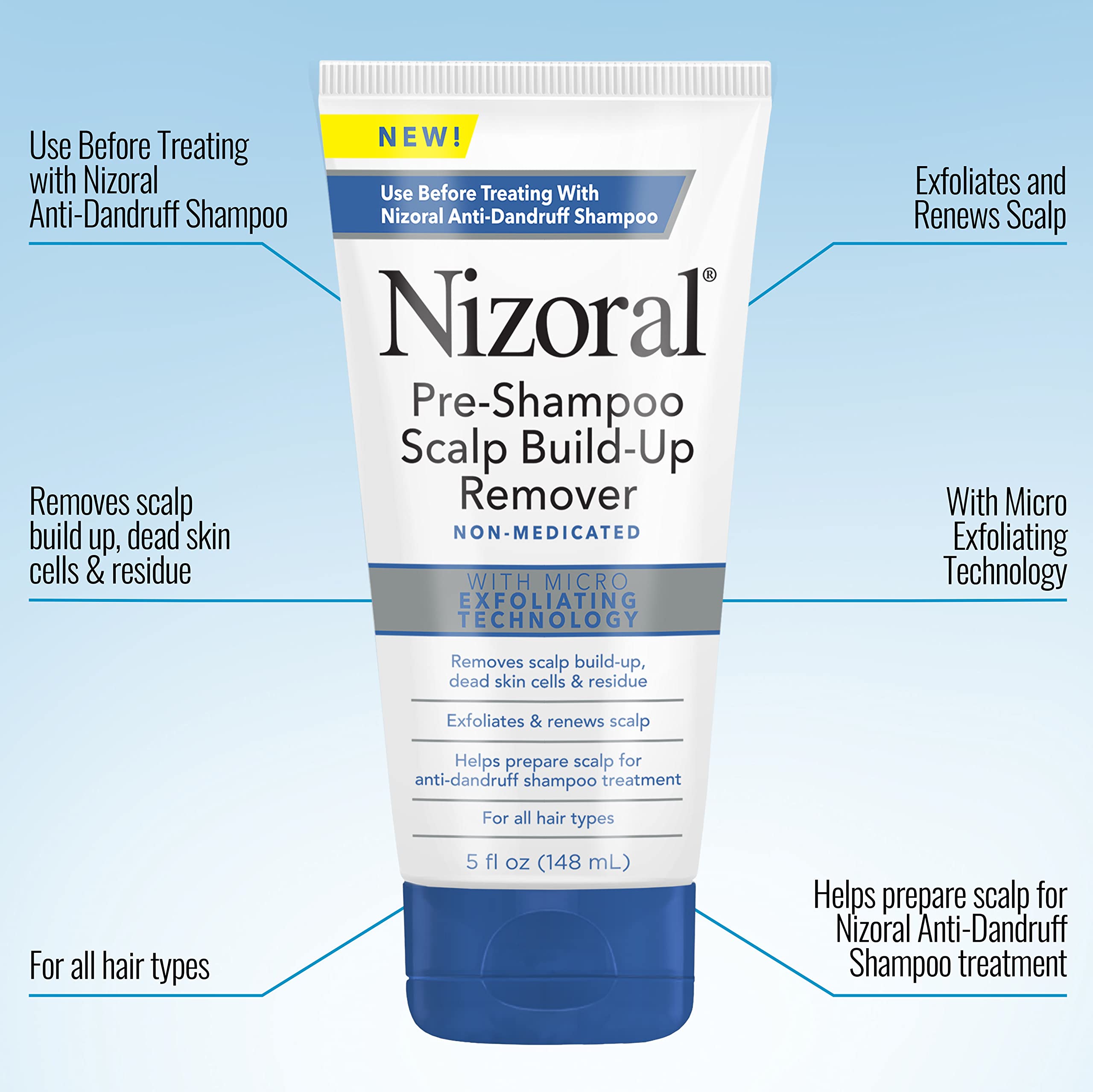 Nizoral pre-shampoo bottle label highlights sulfate-free formula.