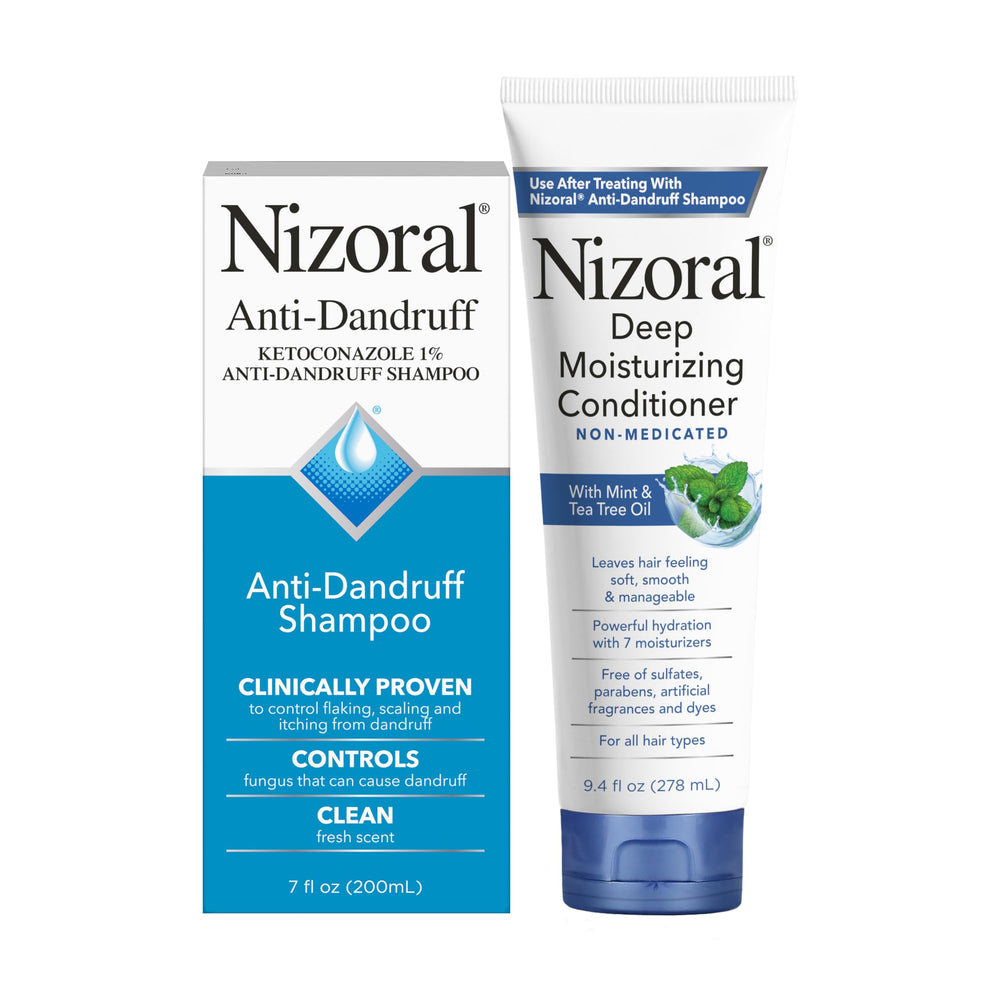 Nizoral shampoo bottle front highlights ketoconazole 1% for dandruff care.