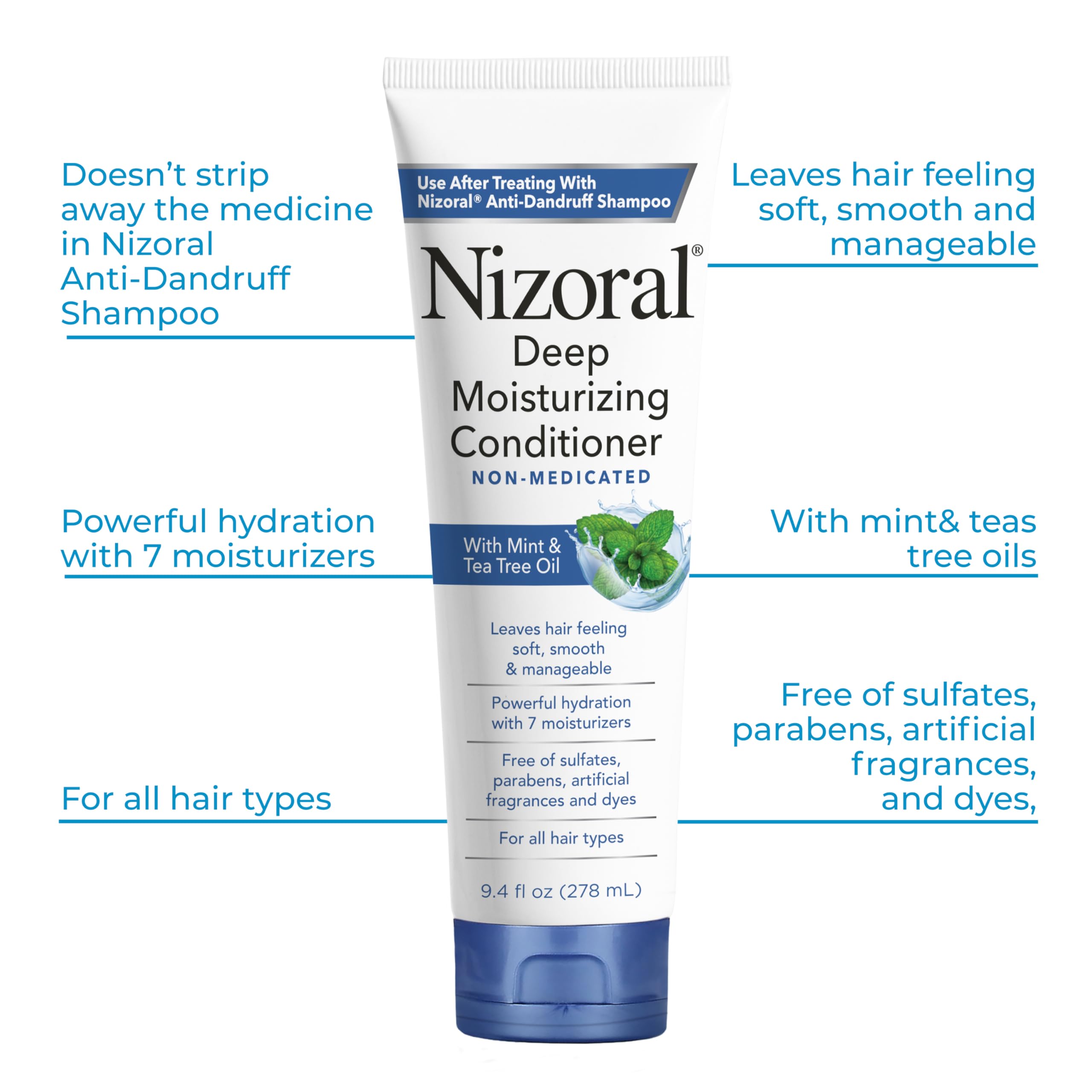 Nizoral shampoo mint-tea-tree close-up hints at refreshing scent and routine.