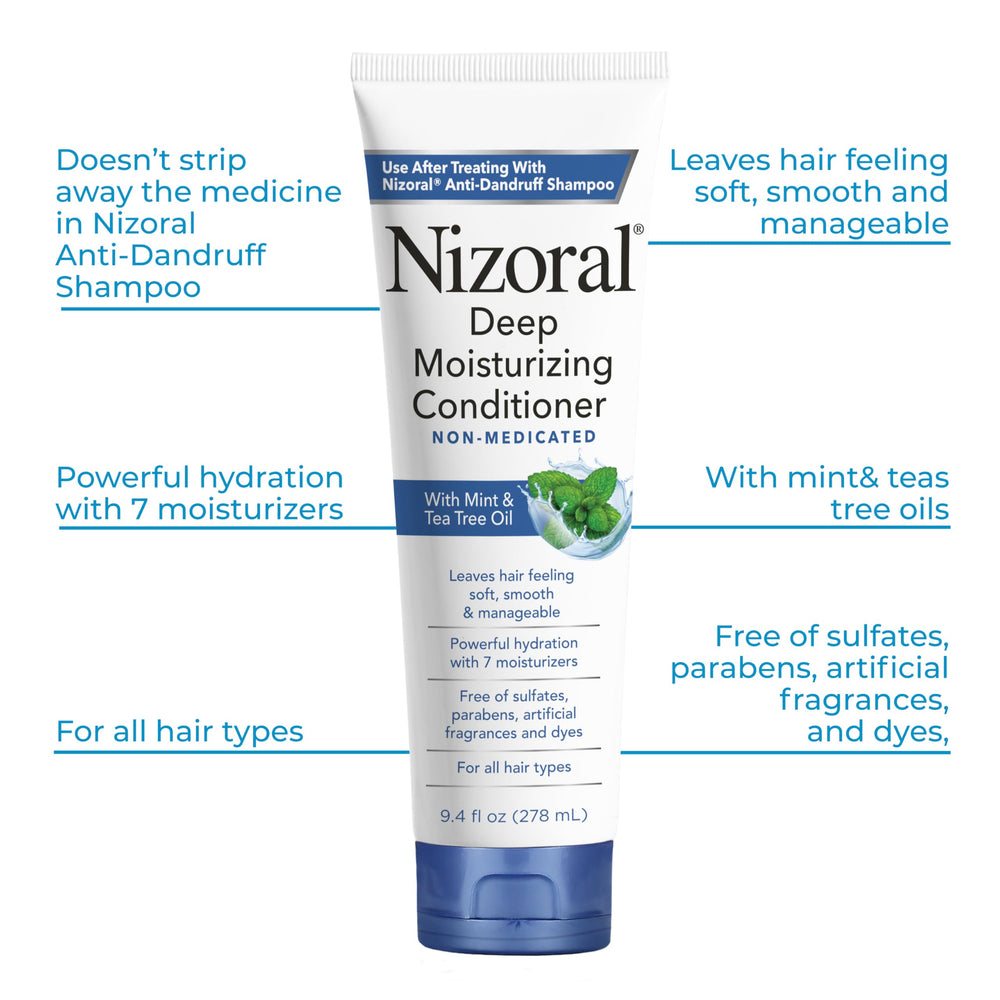 Nizoral shampoo mint-tea-tree close-up hints at refreshing scent and routine.