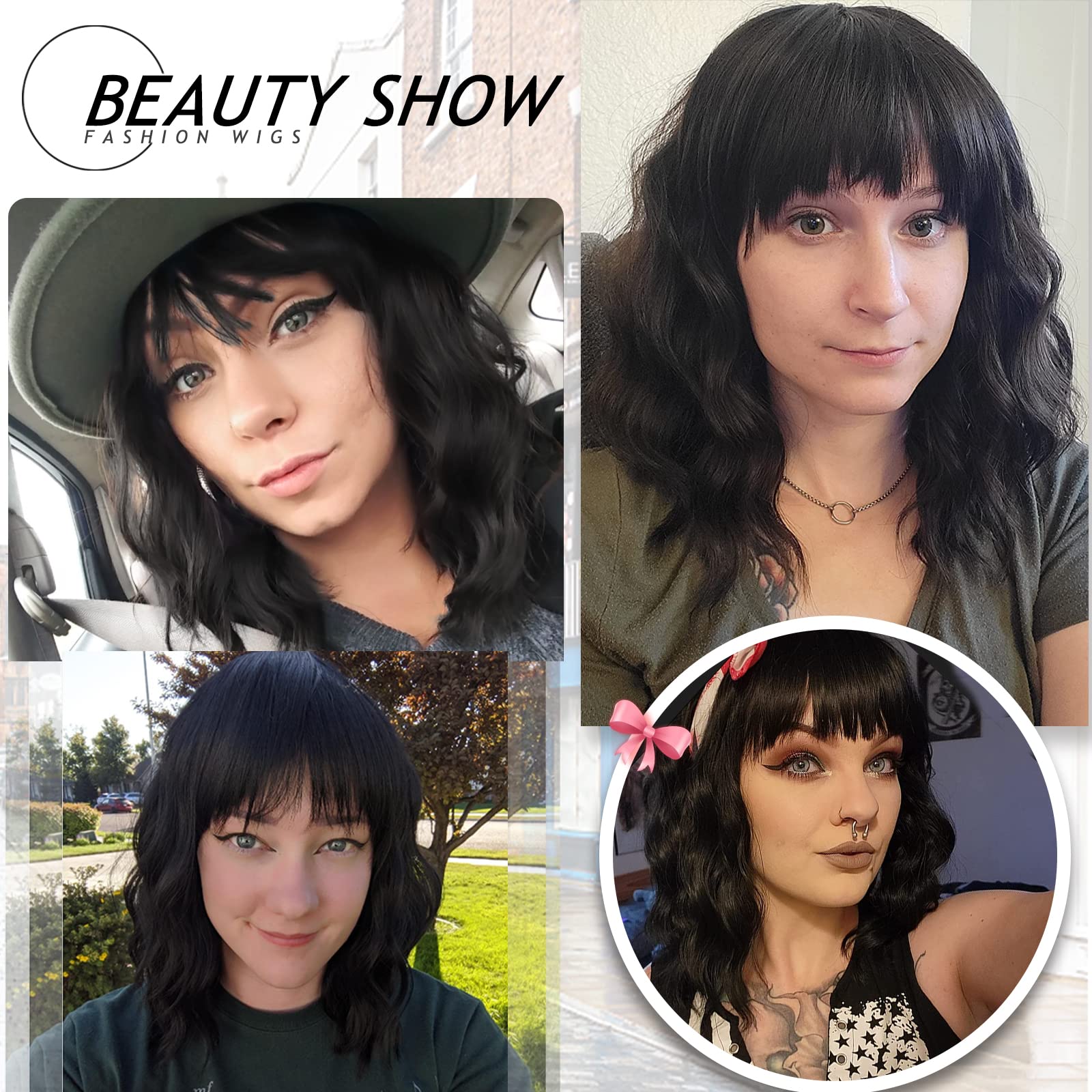 Nnzes Black Wavy Wig with Bangs cap-details show secure fit.