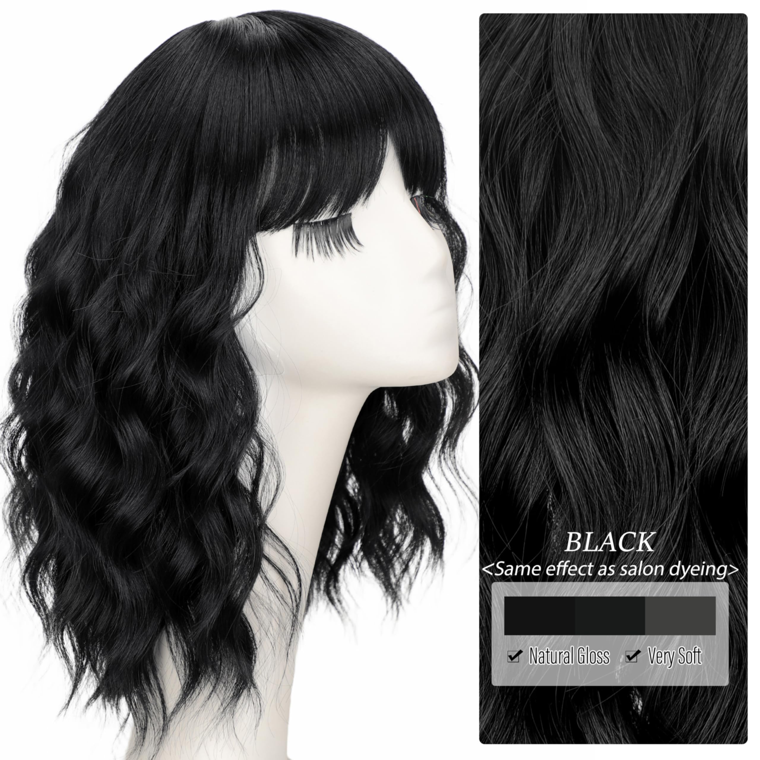 Nnzes Black Wavy Wig with Bangs full look for versatile styling.