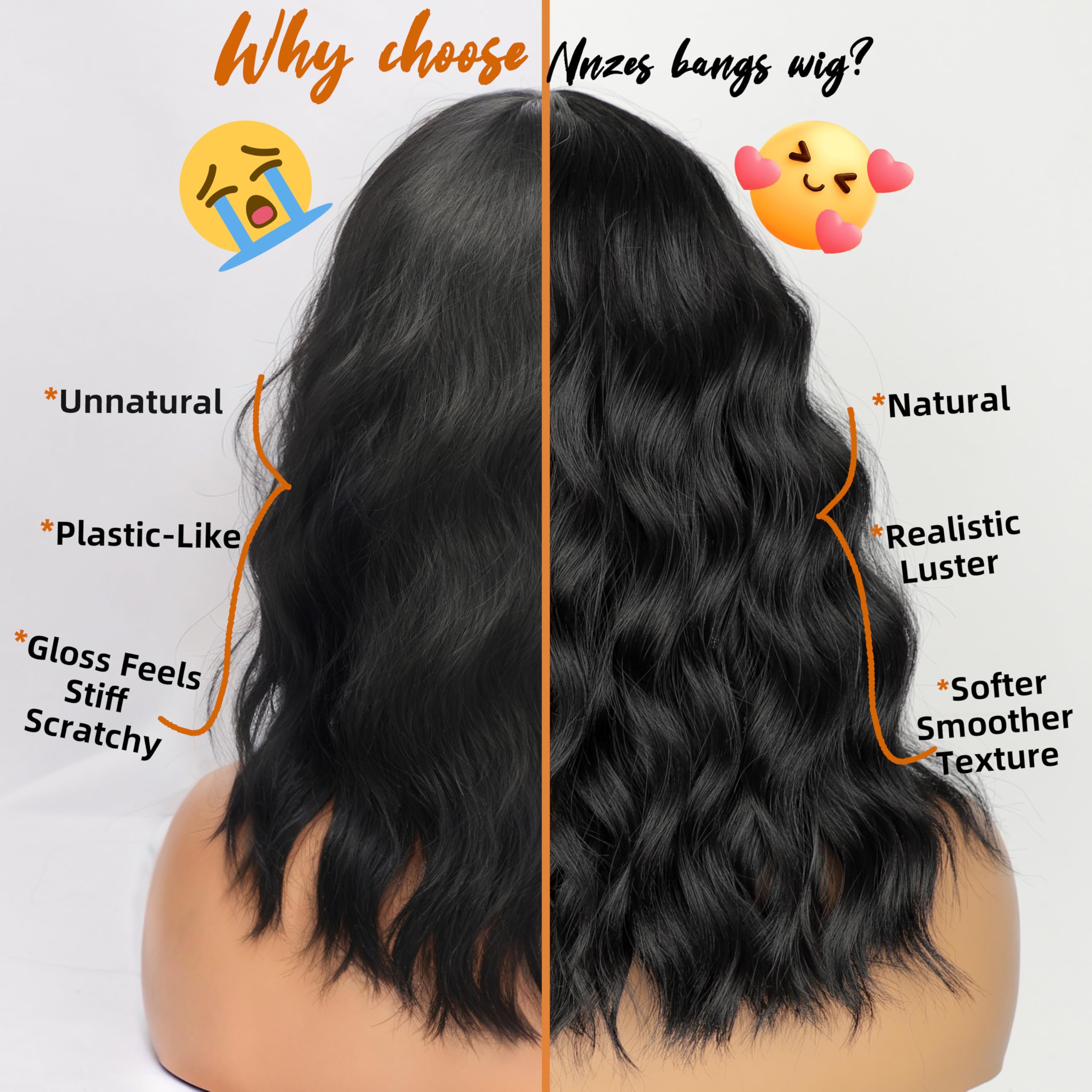 Nnzes Black Wavy Wig with Bangs gradient color close-up reveals depth.