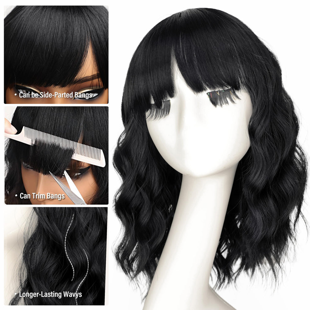 Nnzes Black Wavy Wig with Bangs side view reveals layered texture.