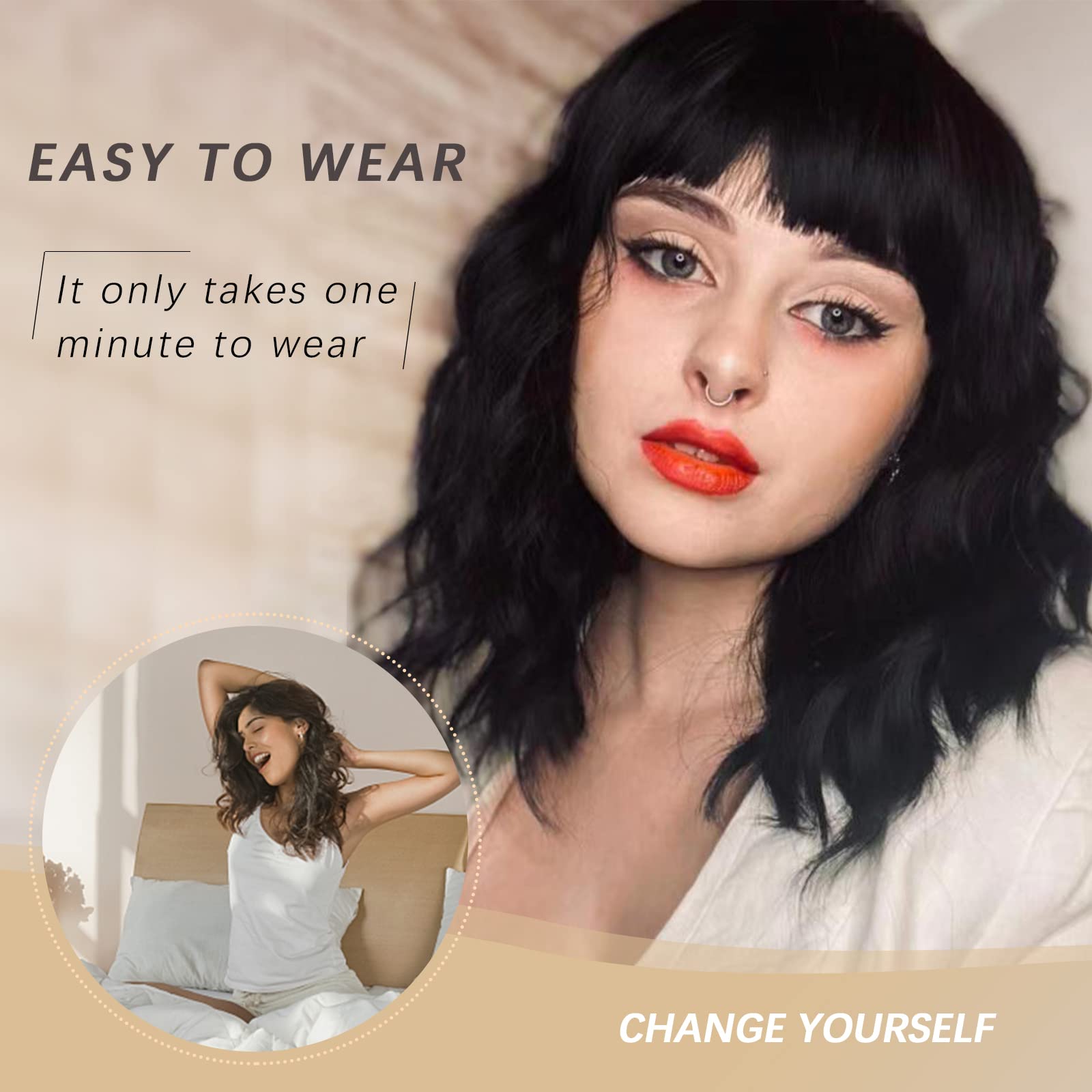 Nnzes Black Wavy Wig with Bangs texture close-up highlights natural shine.