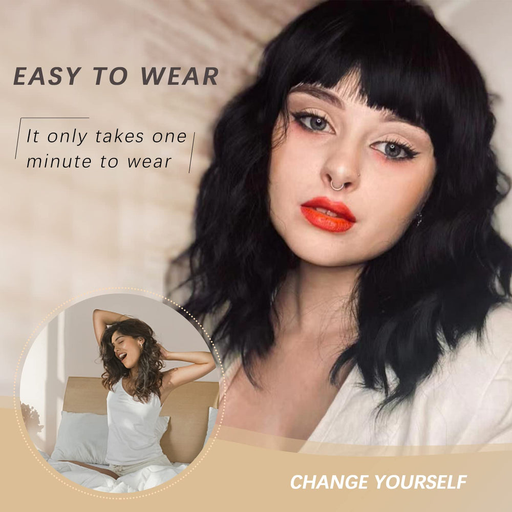 Nnzes Black Wavy Wig with Bangs texture close-up highlights natural shine.