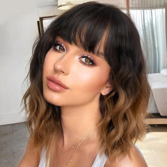 Nnzes short wavy wig with bangs in ombre brown for quick party styling.
