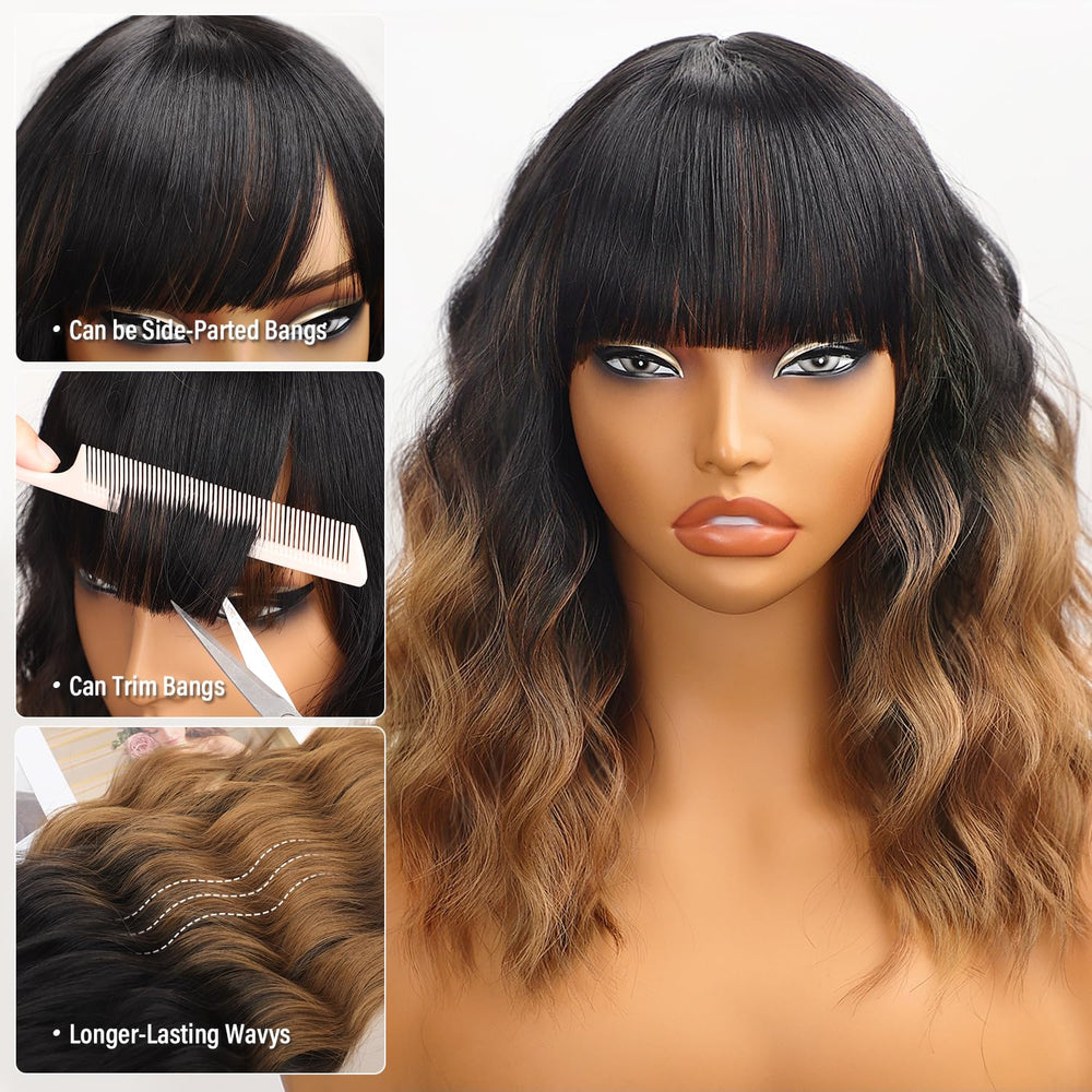 Nnzes shoulder-length bob wig with bangs offers natural waves and effortless daily look.