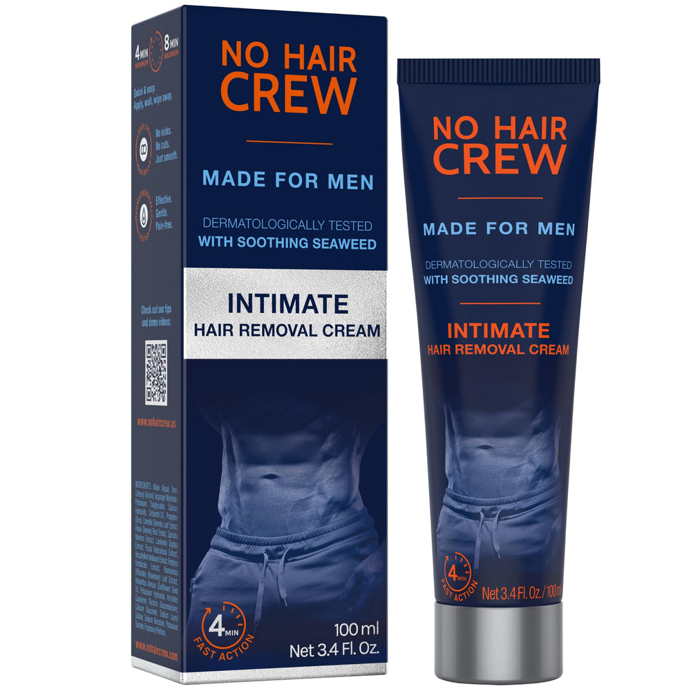 No Hair Crew intimate removal cream bottle ready for painless manscaping.