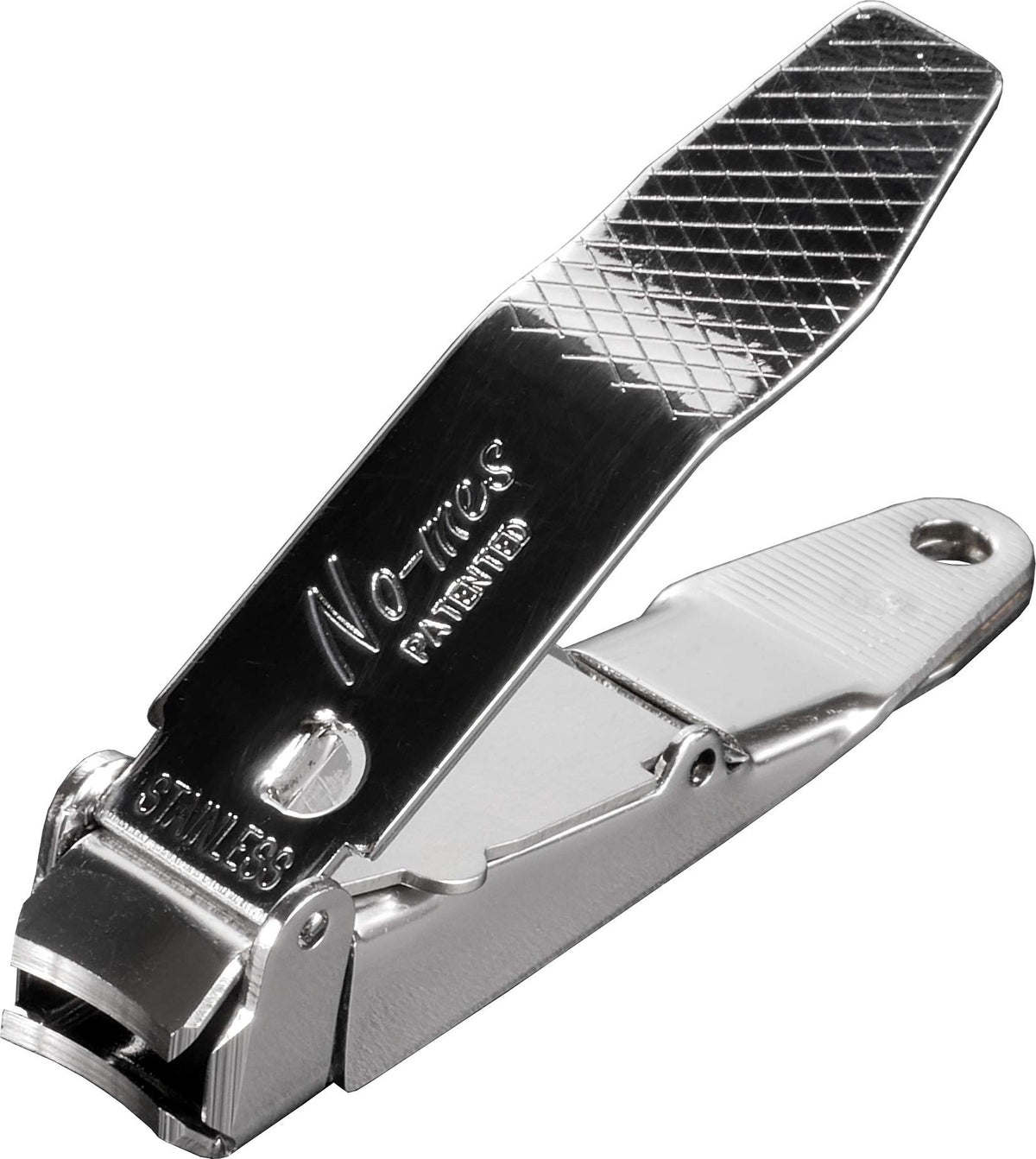 No-mes fingernail clipper catching clippings for mess-free grooming.