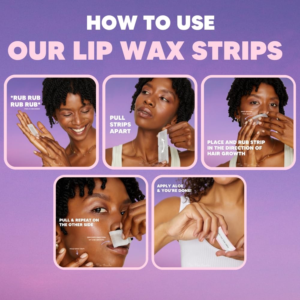 No Mo-Stache lip wax strips application on upper lip demonstrates easy, mess-free use