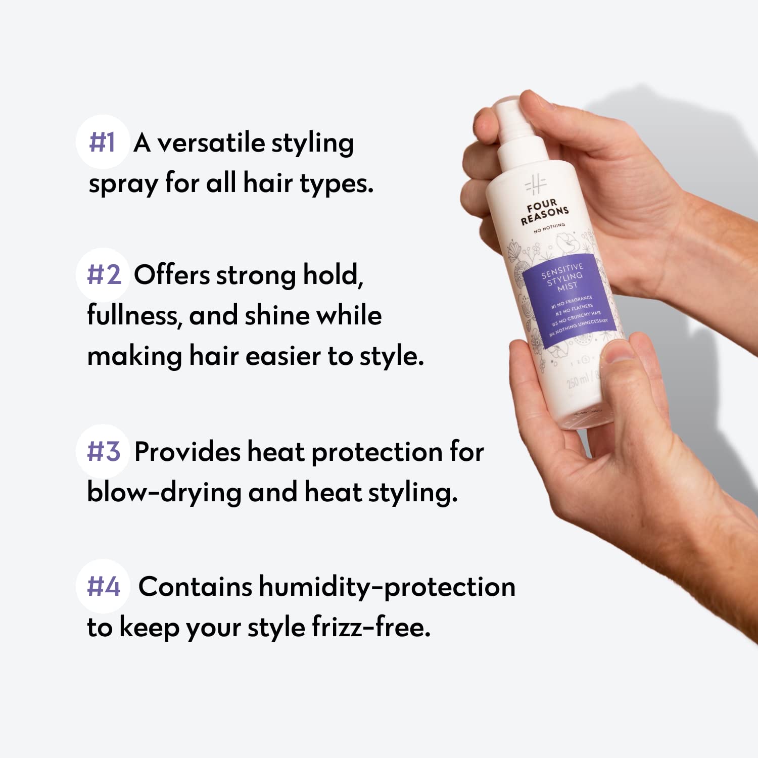 No nothing fragrance-free hair mist in application scene – gentle styling without scent.