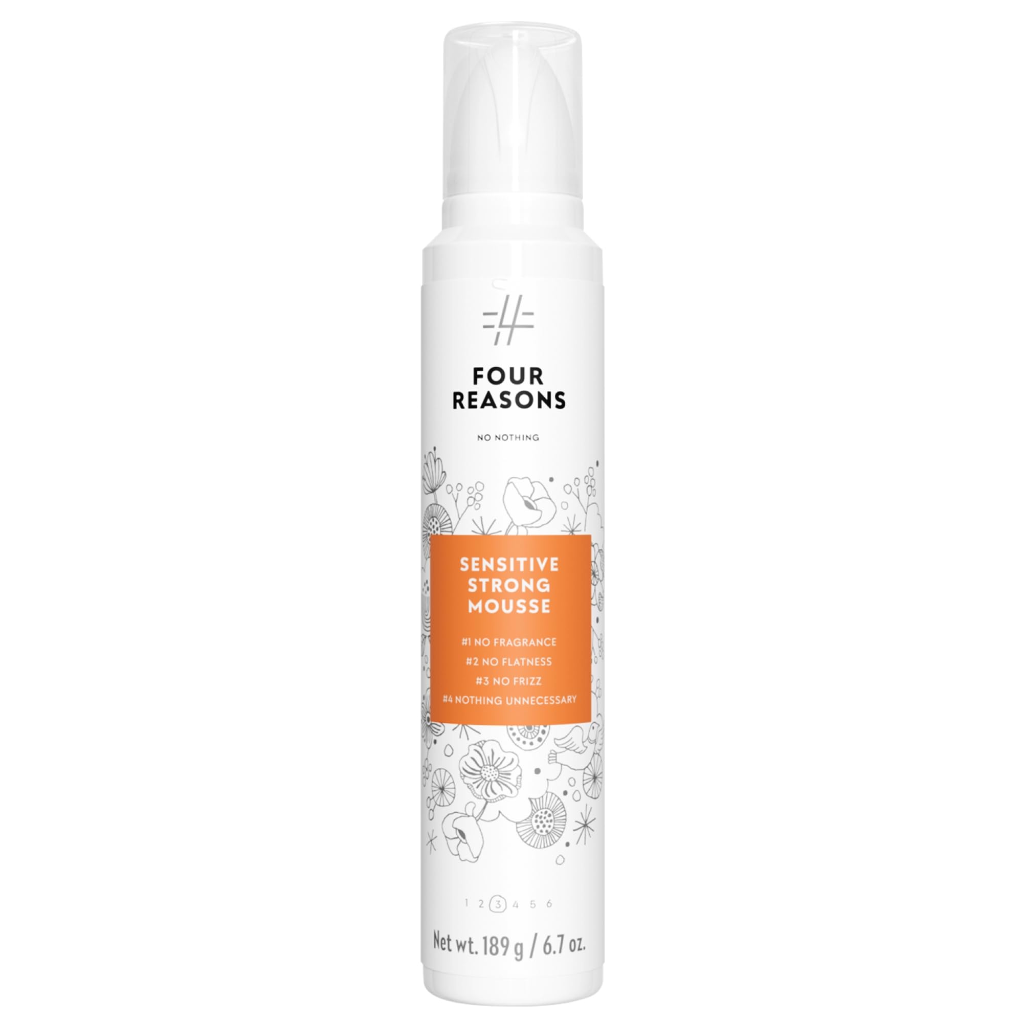 No nothing Very Sensitive Strong Hair Mousse bottle shows fragrance-free formula for sensitive hair.