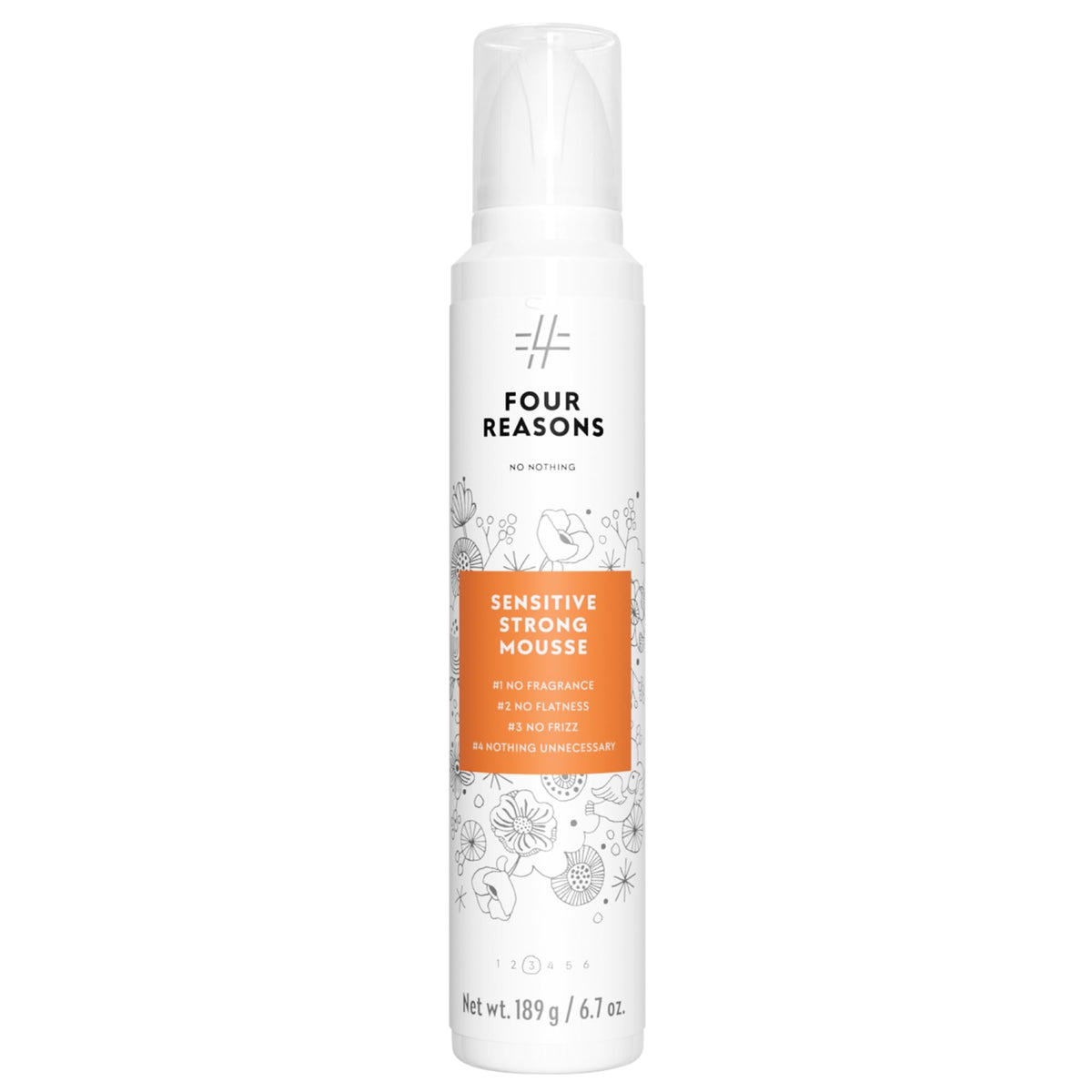 No nothing Very Sensitive Strong Hair Mousse bottle shows fragrance-free formula for sensitive hair.