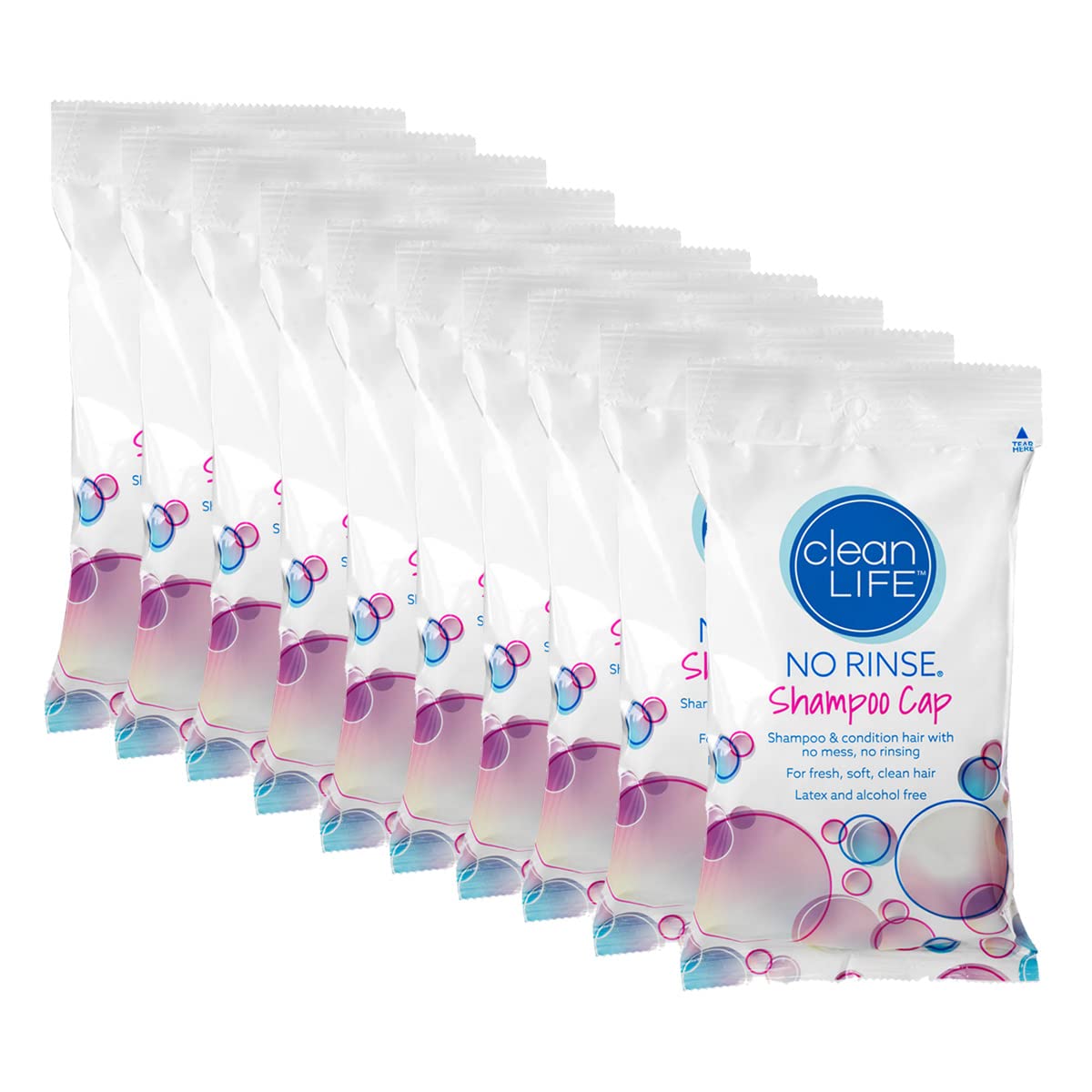 No-Rinse Cleanlife Shampoo Cap 10-pack front view for easy hair cleansing