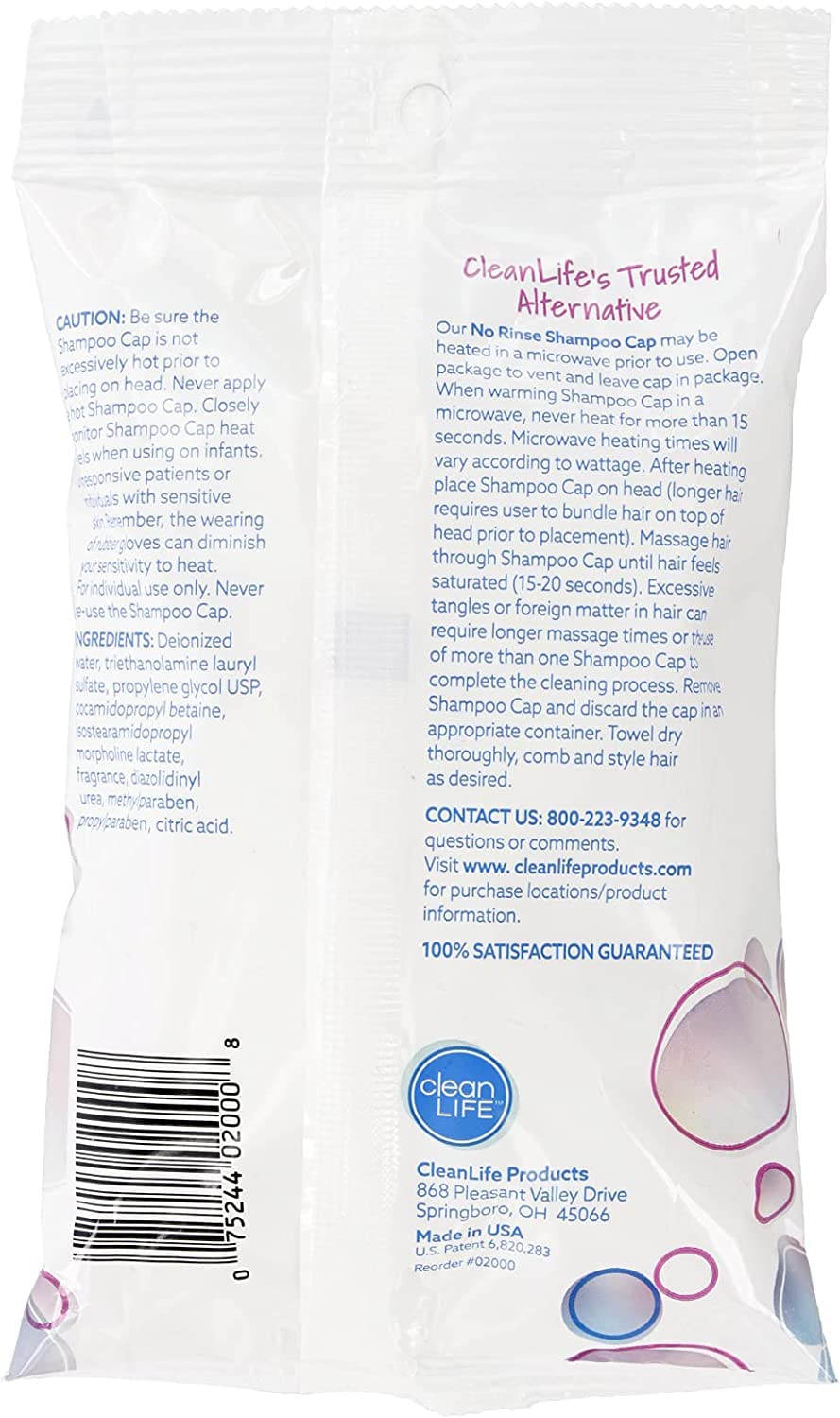 No-Rinse Cleanlife Shampoo Cap open package view for quick setup