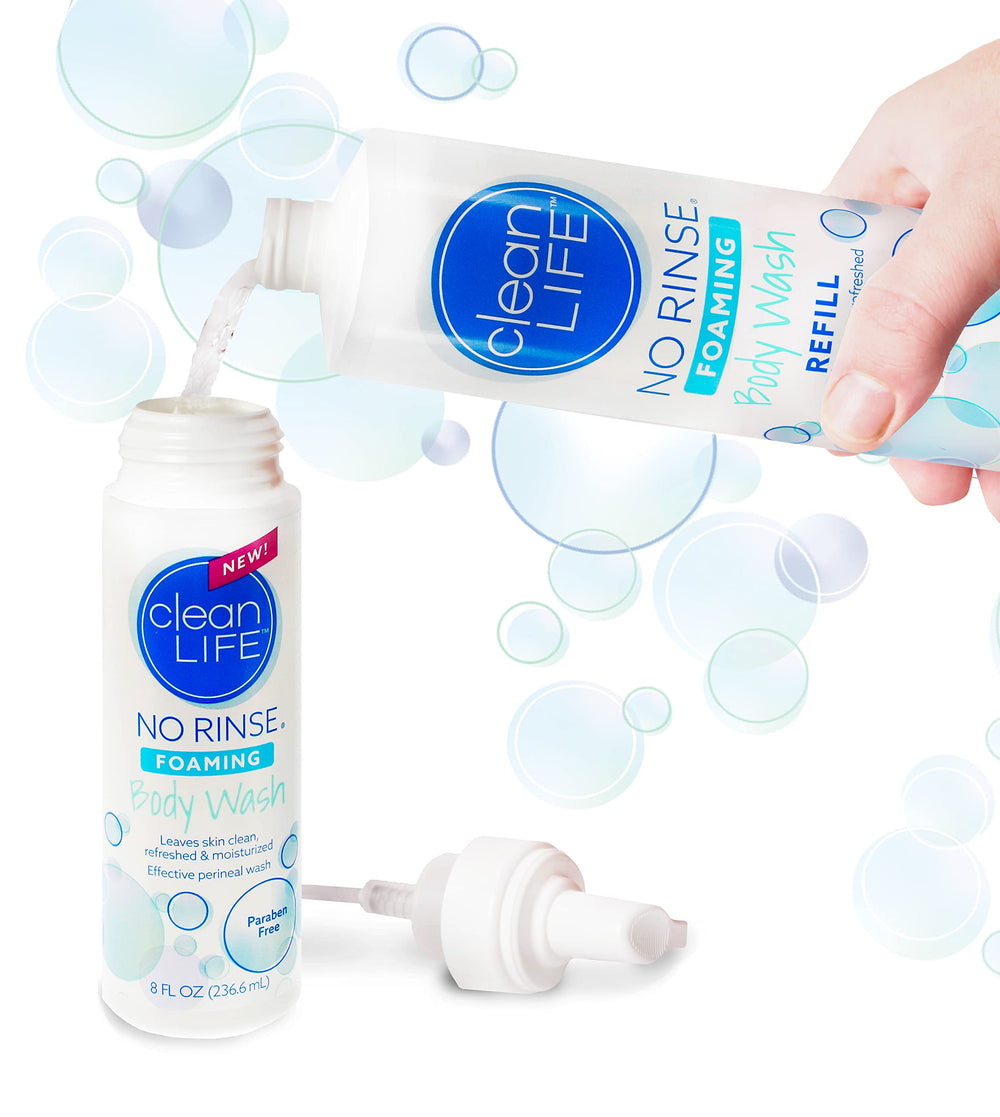 No-Rinse foam-cleanser-application demonstrates rinse-free cleansing during travel.