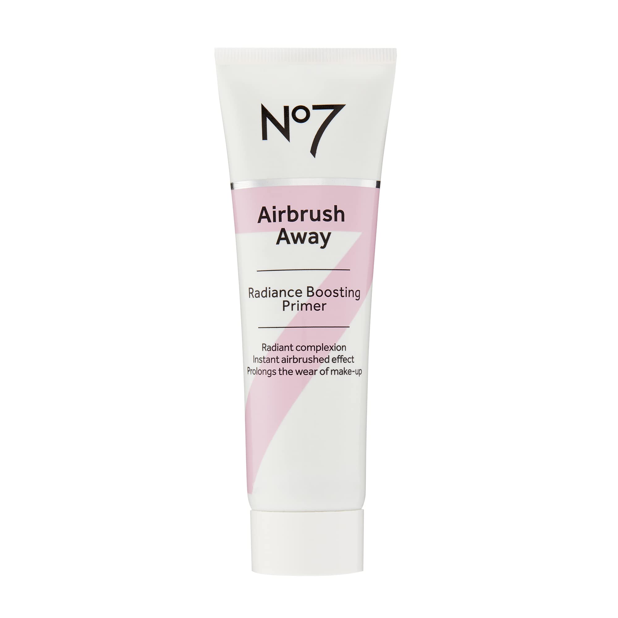 No7 Airbrush Away bottle closeup shows luminous primer for radiant skin.