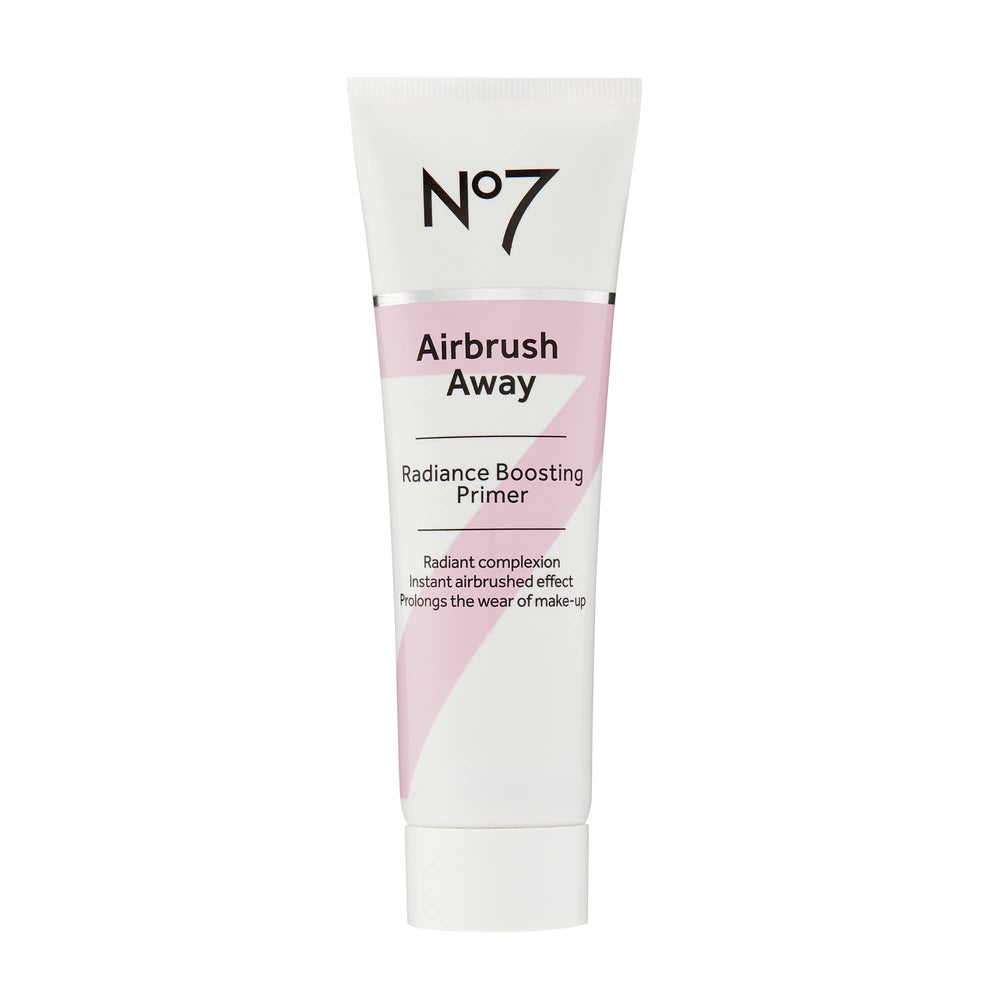 No7 Airbrush Away bottle closeup shows luminous primer for radiant skin.