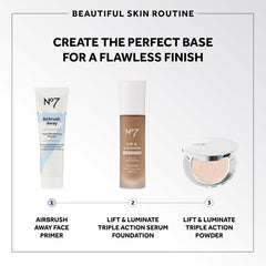 No7 Airbrush Away primer apply on face image highlighting smooth texture and prep for makeup.