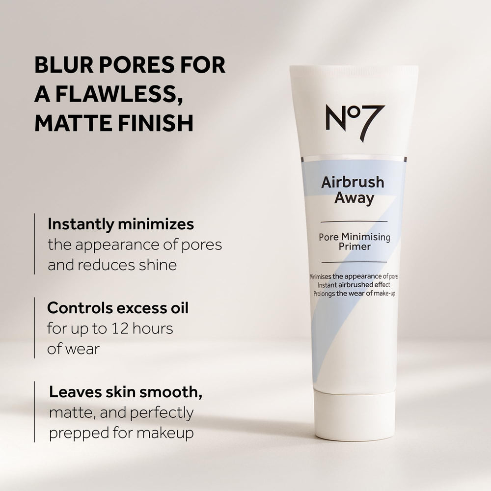 No7 Airbrush Away primer matte finish demonstrates oil-free shine control for oily skin.