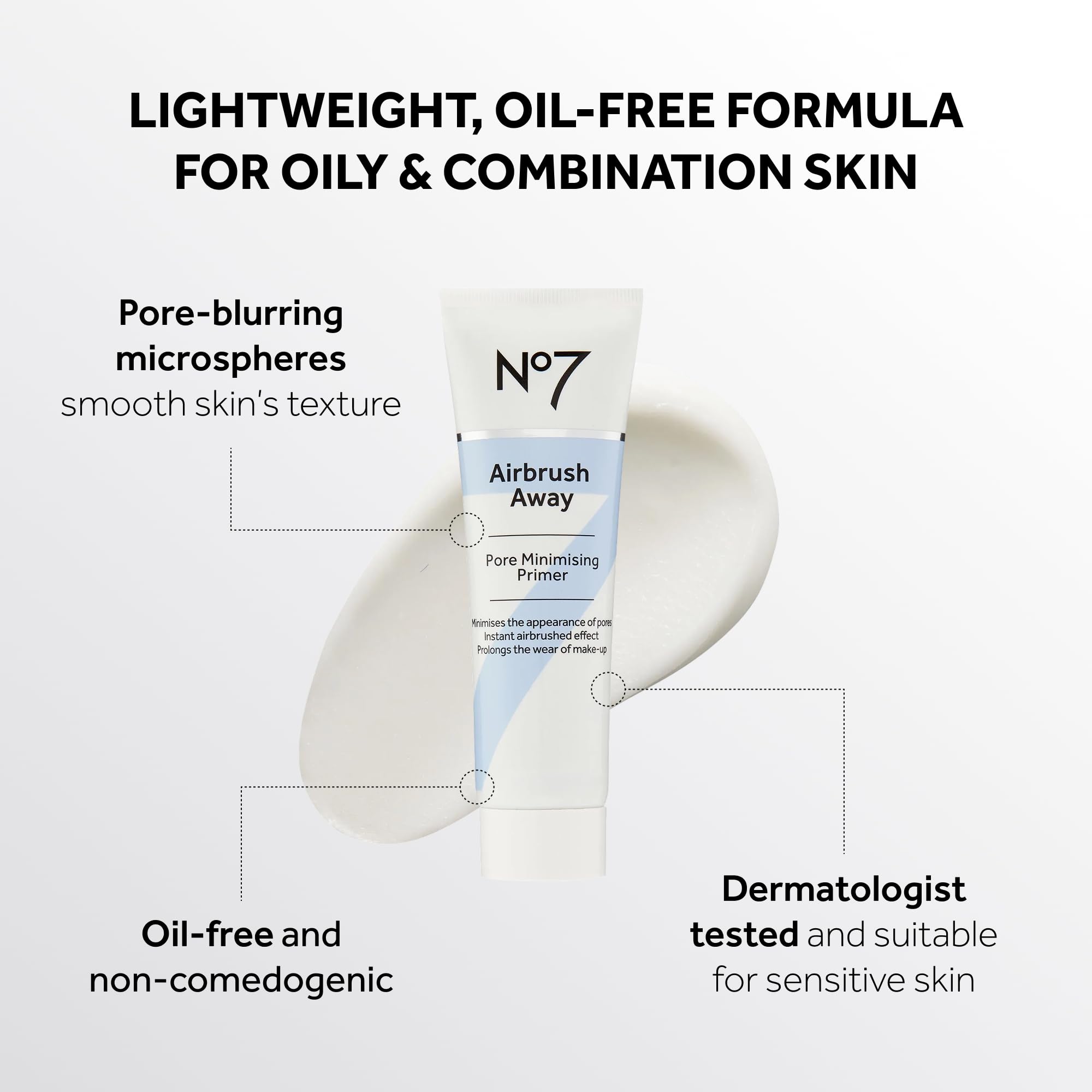 No7 Airbrush Away primer oil-free formula in action for longer-lasting makeup wear.