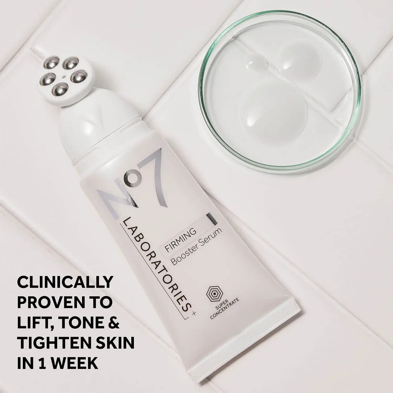 No7 Firming Booster Serum neck-application closeup for contouring.