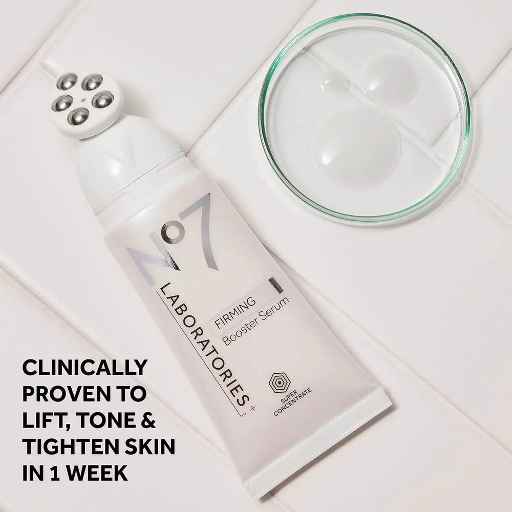 No7 Firming Booster Serum neck-application closeup for contouring.