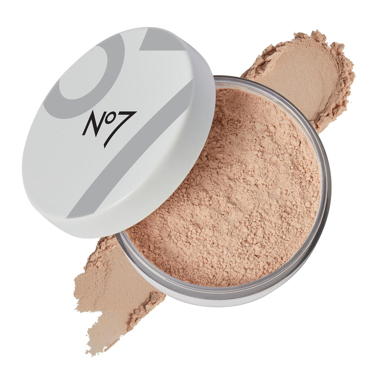 No7 Flawless Finish Loose Powder tub shine-control for a soft matte look.