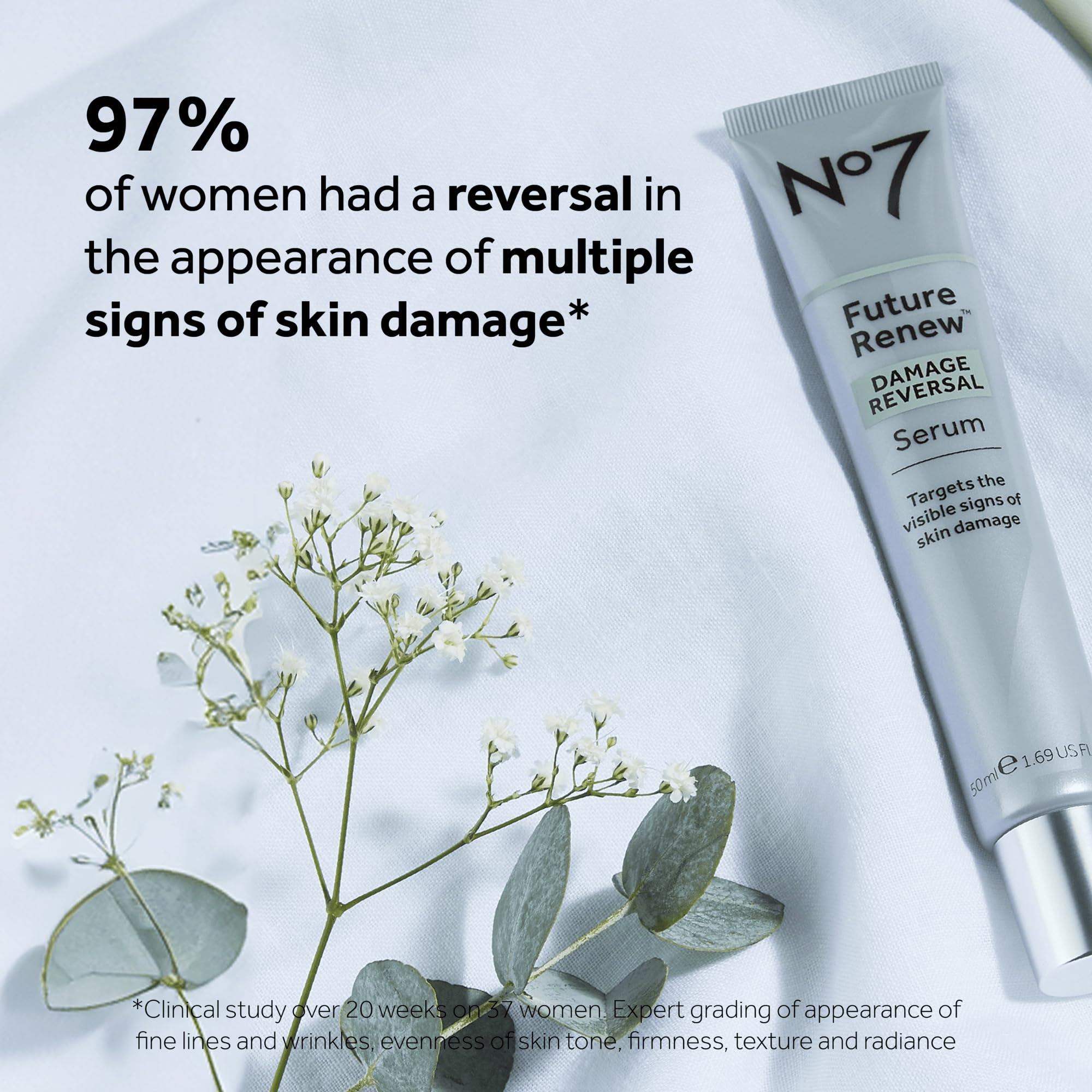 No7 Future Renew Damage Reversal Serum packaging detail with dermatologist-approved claim.
