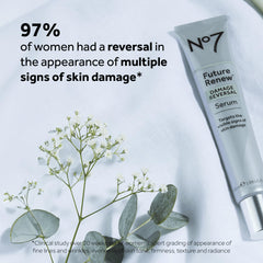 No7 Future Renew Damage Reversal Serum packaging detail with dermatologist-approved claim.