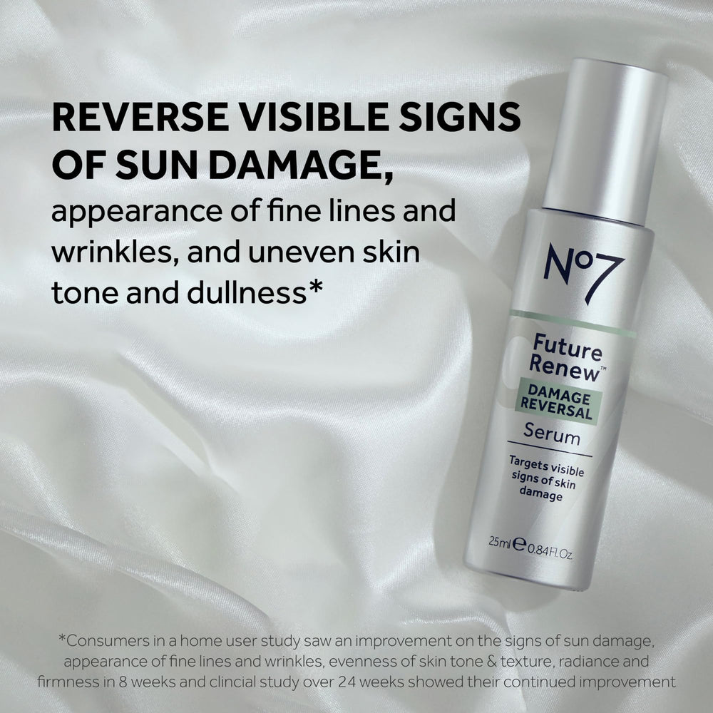 No7 Future Renew Damage Reversal Serum pump in action showing fast-absorbing texture.