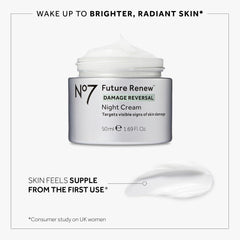 No7 Future Renew pump dispensing image highlights easy, mess-free night cream application.