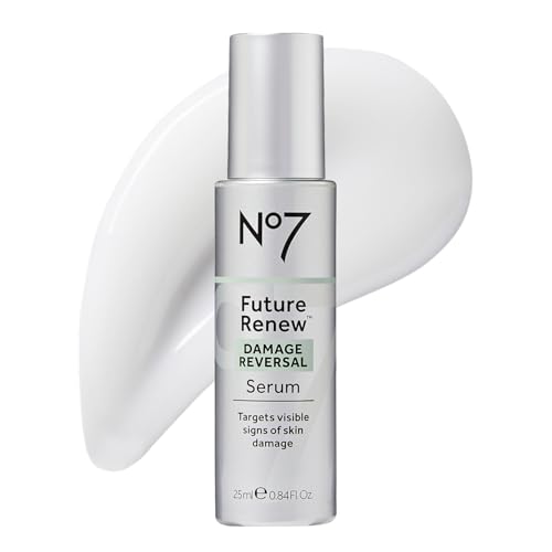 No7 Future Renew serum bottle close-up highlighting peptide technology for skin repair and radiance.