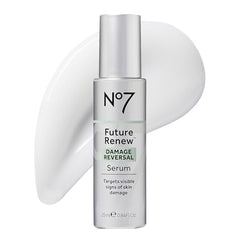 No7 Future Renew serum bottle close-up highlighting peptide technology for skin repair and radiance.